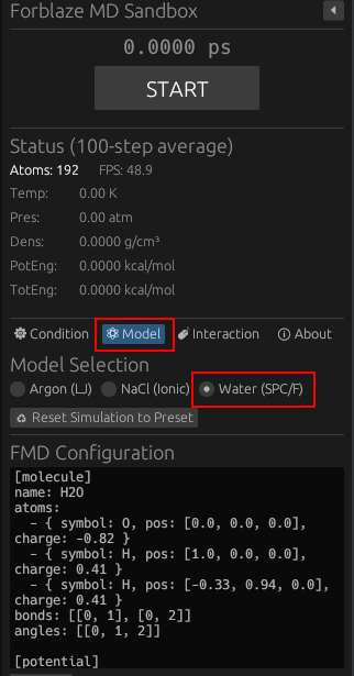 ModelタブからWaterモデルを選択する手順
